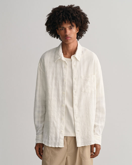 Bawełniana koszula męska w kratkę długi rękaw relaxed fit biała