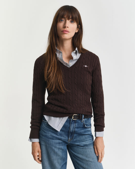 Sweter damski z dekoltem V z długim rękawem slim fit brązowy