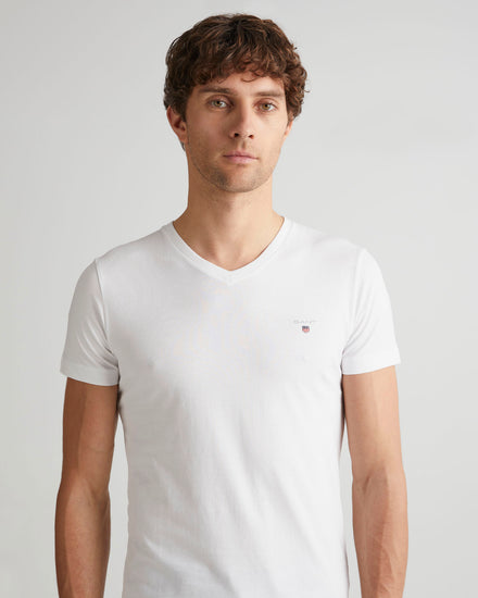 Bawełniana koszulka męska z dekoltem V slim fit biała