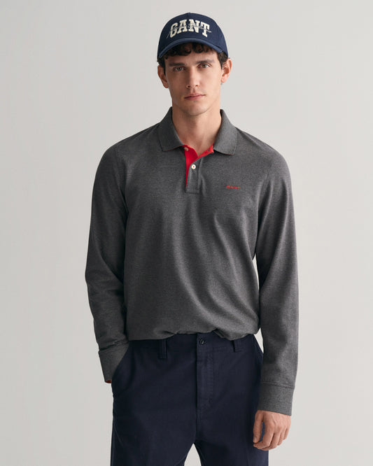 Polo męskie z długim rękawem regular fit szare