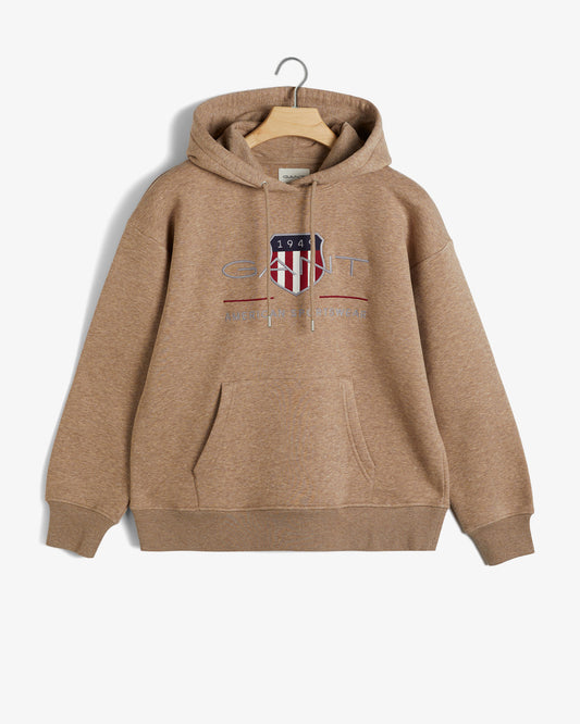 Bluza damska z nadrukiem z kapturem relaxed fit brązowa