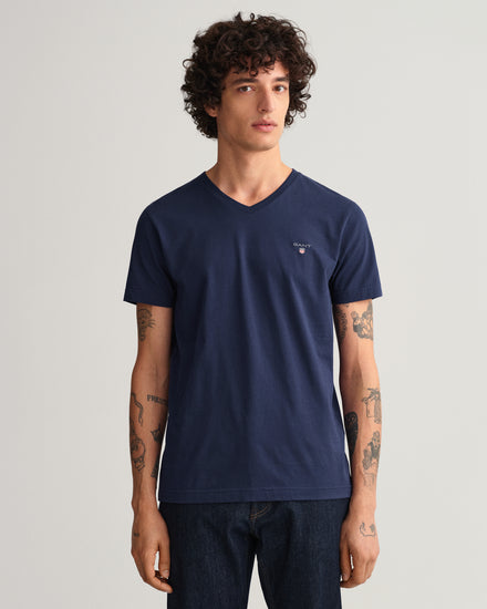 Bawełniany t-shirt męski z dekoltem V slim fit granatowy