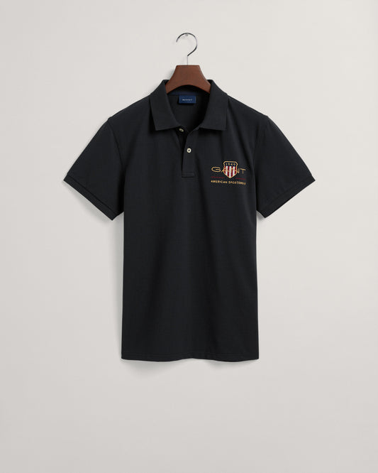 Bawełniane polo męskie z nadrukiem z krótkim rękawem regular fit czarne