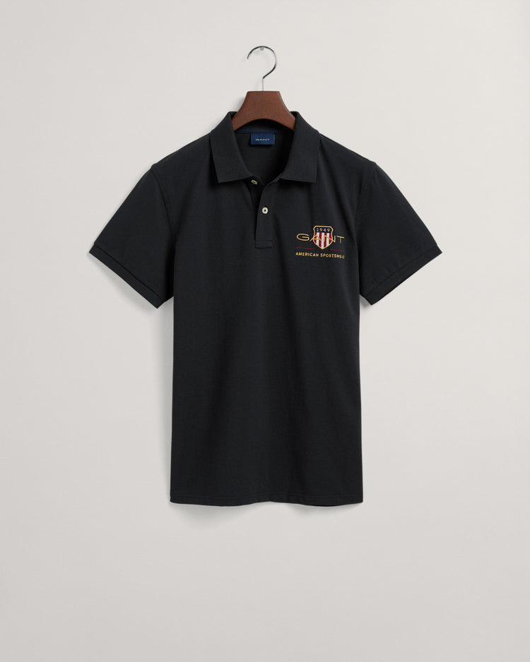 Bawełniane polo męskie z nadrukiem z krótkim rękawem regular fit czarne