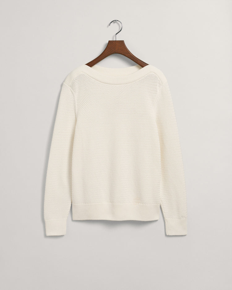 Bawełniany sweter damski z dekoltem w łódkę regular fit beżowy