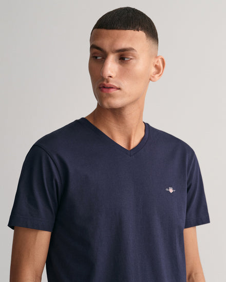 Koszulka męska z dekoltem V slim fit granatowa