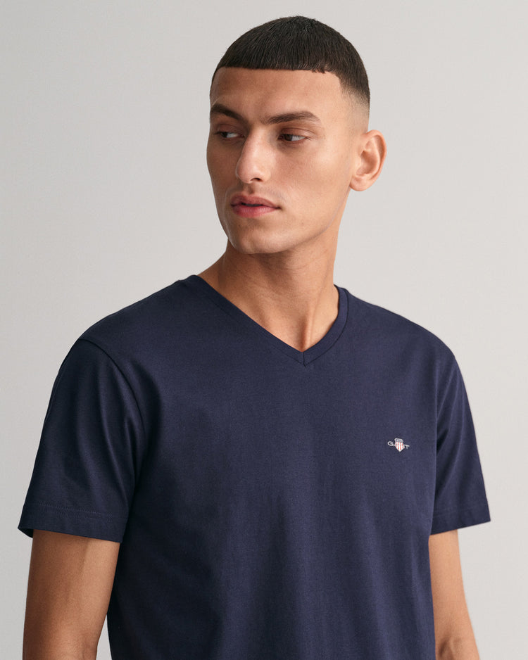 Koszulka męska z dekoltem V slim fit granatowa