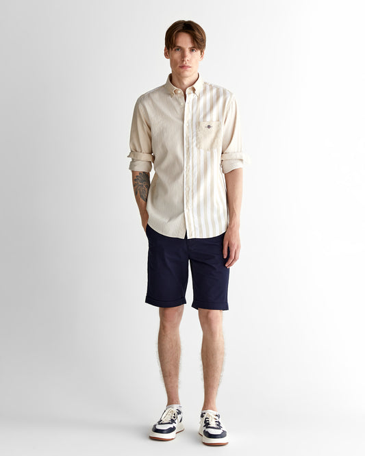 Męska beżowa koszula regular fit z kołnierzykiem na guziki w paski