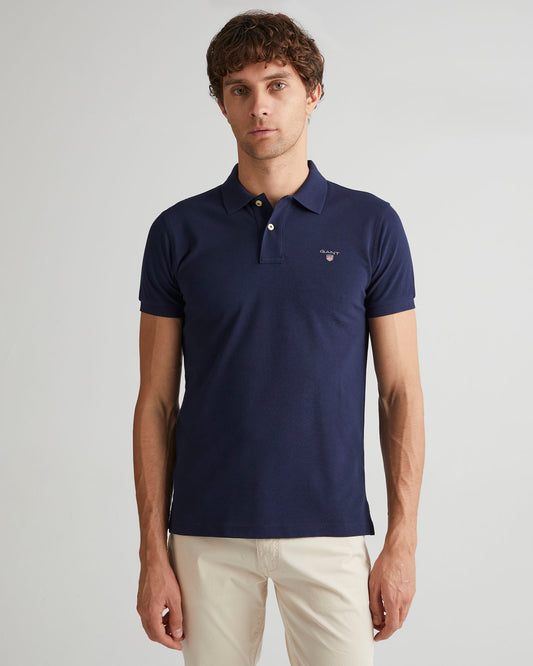 Bawełniana polo męska z krótkim rękawem slim fit granatowa