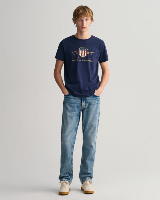 Bawełniana koszulka męska z nadrukiem regular fit granatowa