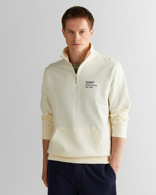 Bluza męska z nadrukiem z zamkiem do połowy regular fit kremowa