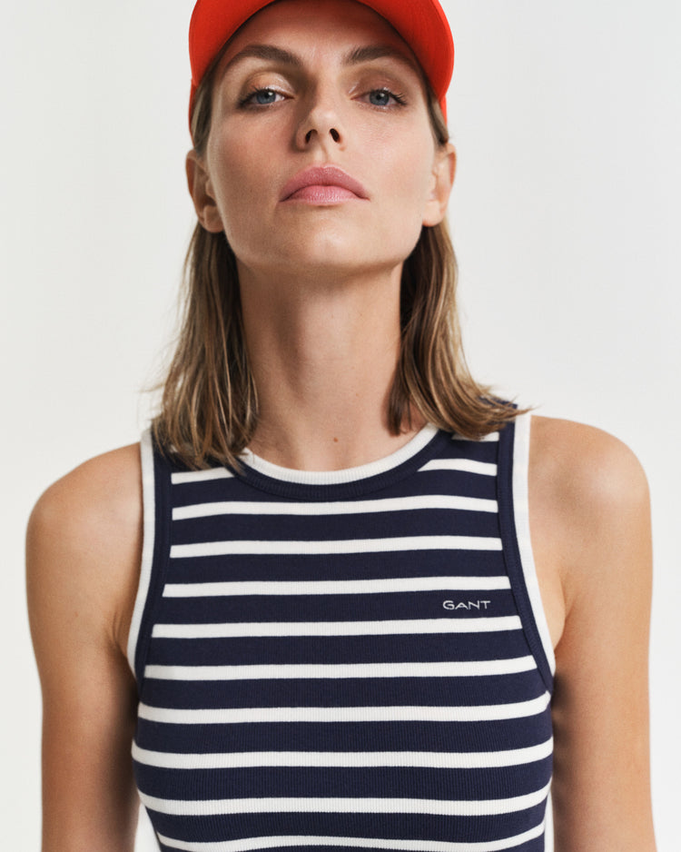 Sukienka damska w paski bez rękawów okrągły kołnierzyk slim fit