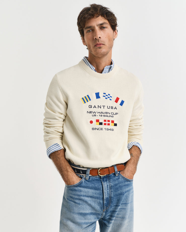 Sweter męski z okrągłym kołnierzykiem regular fit kremowy