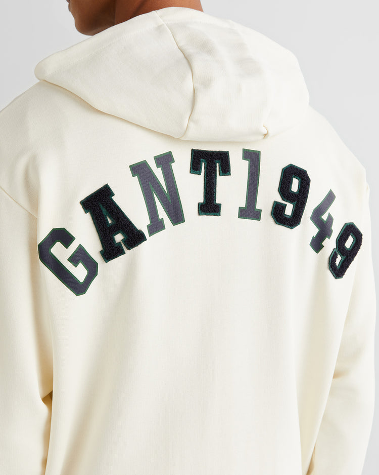 Bawełniana bluza męska z zamkiem z nadrukiem relaxed fit kremowa