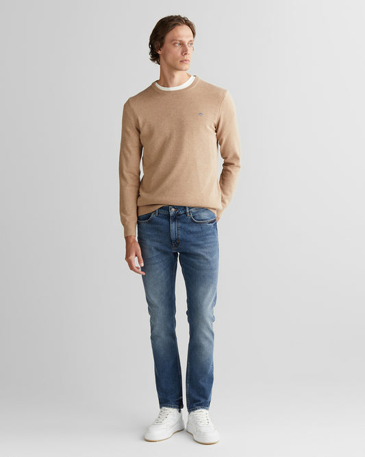 Sweter męski z okrągłym dekoltem regular fit beżowy