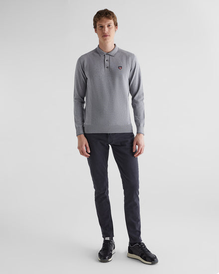 Bawełniany sweter męski z kołnierzykiem polo z długim rękawem regular fit