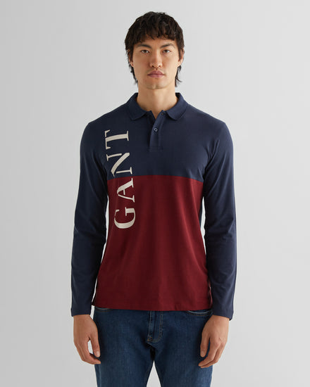 Polo męska z nadrukiem z długim rękawem regular fit granatowa