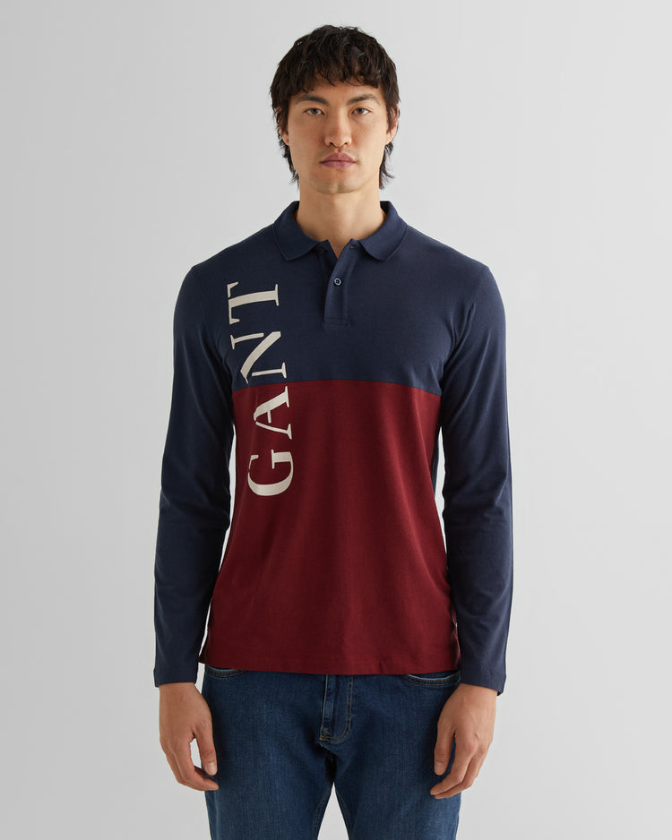 Polo męska z nadrukiem z długim rękawem regular fit granatowa