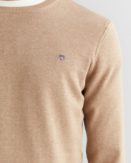 Sweter męski z okrągłym dekoltem regular fit beżowy