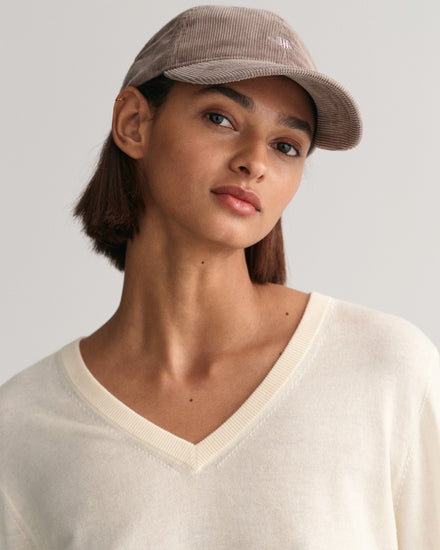 Sweter damski z dekoltem V długi rękaw regular fit kremowy