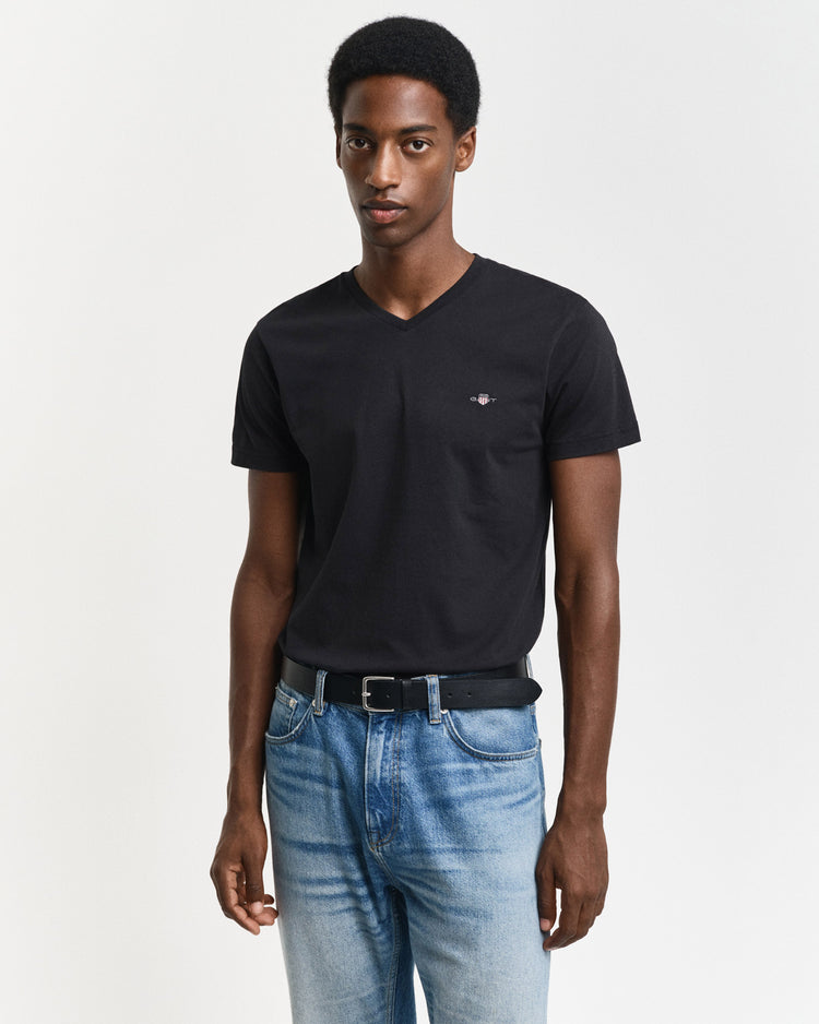 Koszulka męska z dekoltem V slim fit czarna
