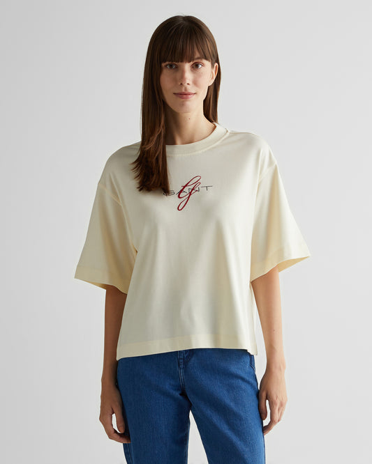 T-shirt damski z nadrukiem okrągły kołnierzyk relaxed fit kremowy