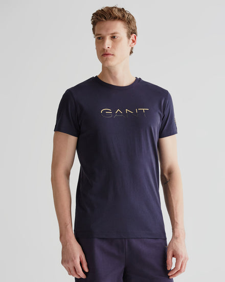 Bawełniany t-shirt męski z nadrukiem regular fit granatowy