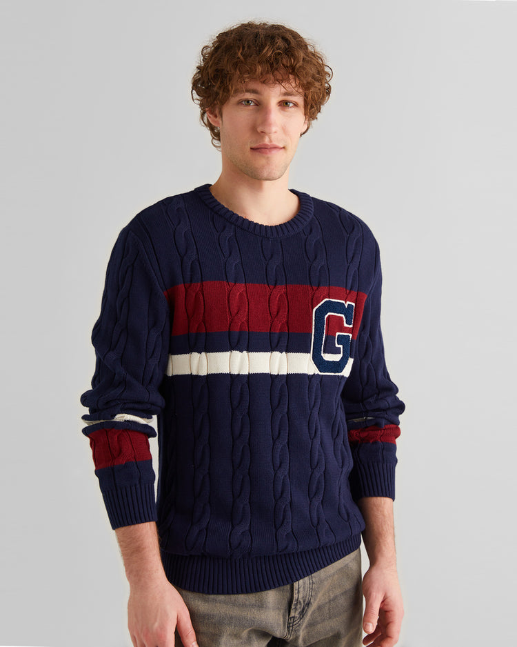 Bawełniany sweter męski w paski relaxed fit granatowy