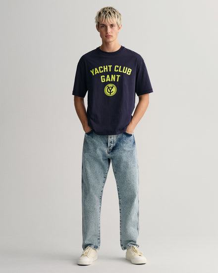 Bawełniany t-shirt męski z nadrukiem regular fit granatowy