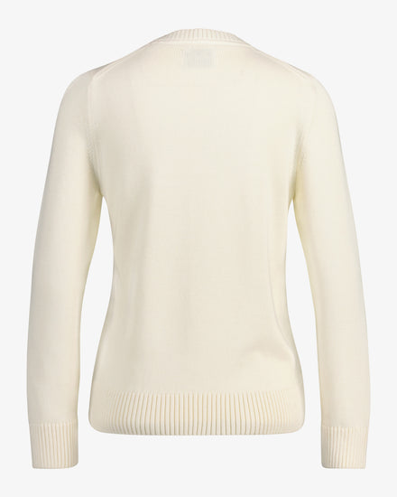 Sweter damski z nadrukiem okrągły kołnierzyk regular fit kremowy