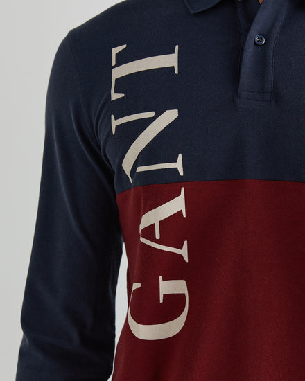 Polo męska z nadrukiem z długim rękawem regular fit granatowa