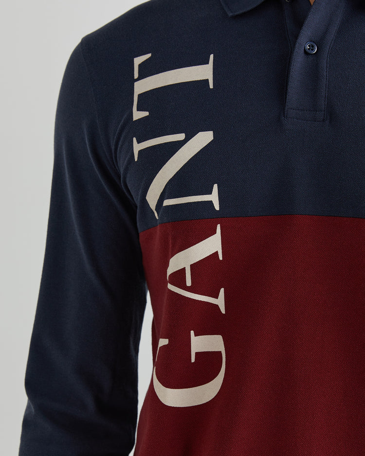 Polo męska z nadrukiem z długim rękawem regular fit granatowa