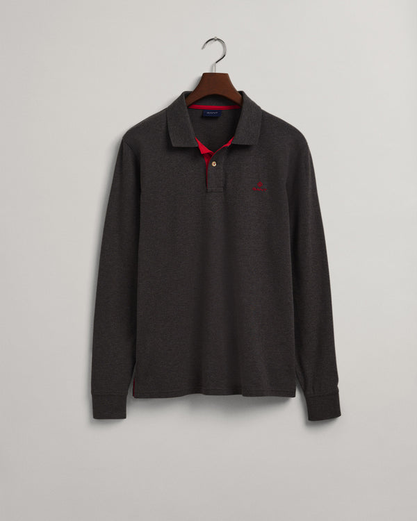 Polo męski z długim rękawem regular fit szary