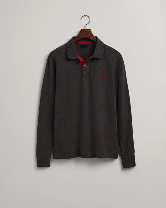 Polo męski z długim rękawem regular fit szary