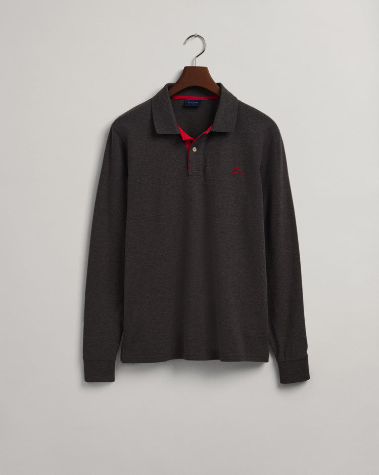 Polo męski z długim rękawem regular fit szary