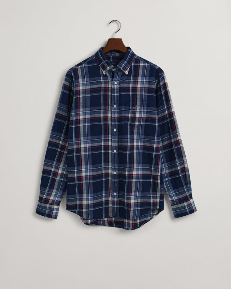 Męska granatowa koszula regular fit w kratę z kołnierzykiem button-down