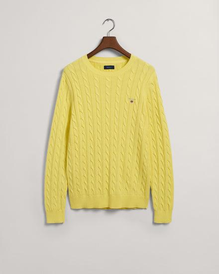 Bawełniany sweter męski z okrągłym kołnierzykiem regular fit żółty