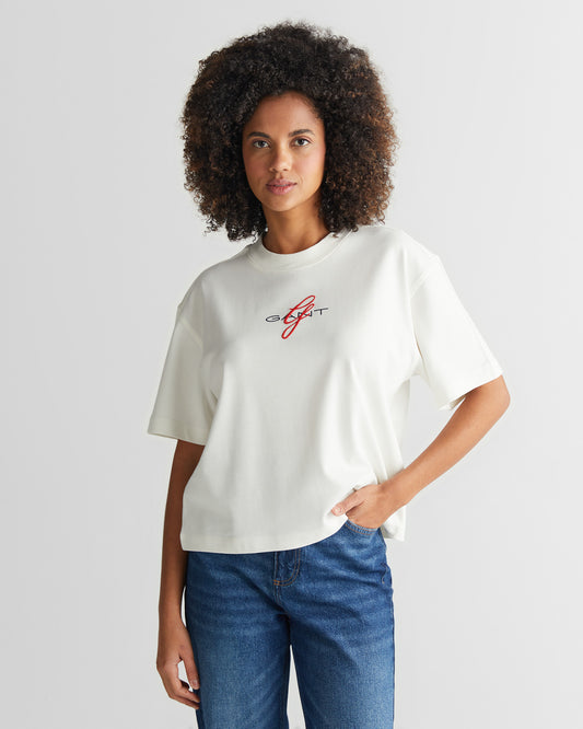 Koszulka damska z nadrukiem okrągły kołnierzyk relaxed fit kremowa