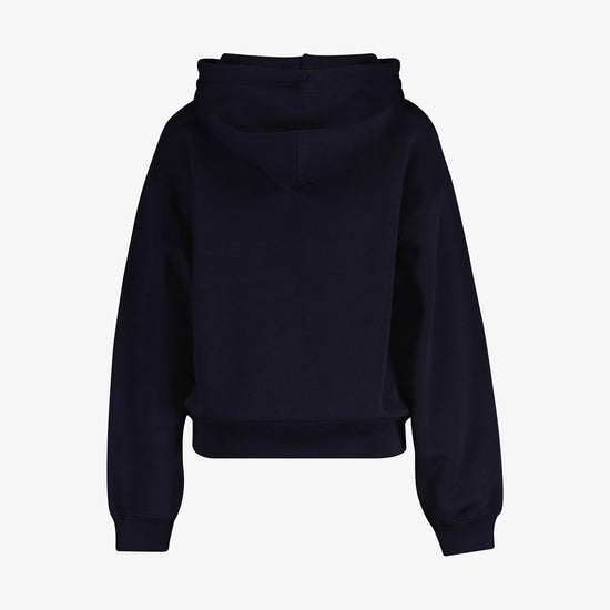 Bawełniana bluza damska z nadrukiem z kapturem loose fit granatowa