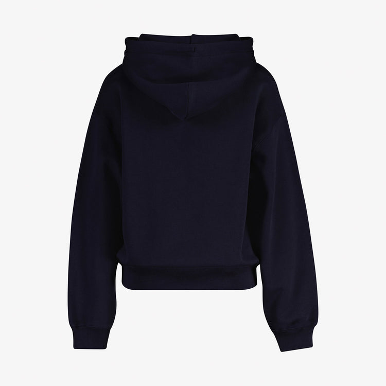 Bawełniana bluza damska z nadrukiem z kapturem loose fit granatowa