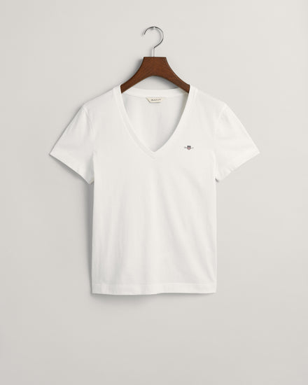 Bawełniana koszulka damska z dekoltem V regular fit biała