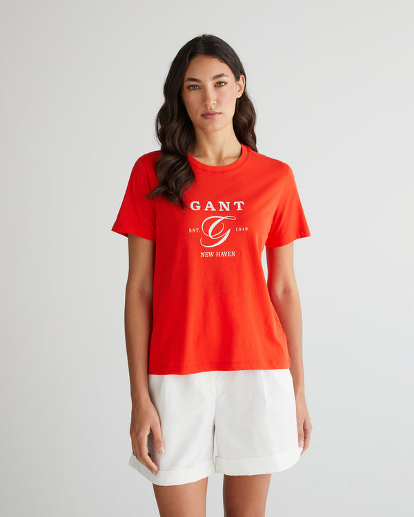 Bawełniana koszulka damska z nadrukiem regular fit pomarańczowa