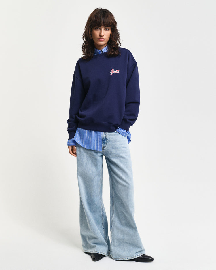 Damska granatowa bluza z graficznym napisem i okrągłym dekoltem