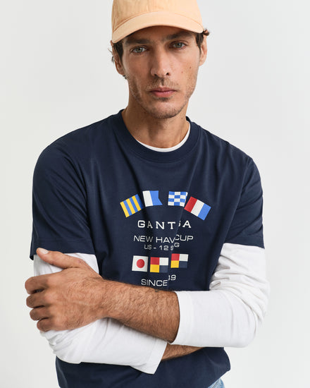 T-shirt męski z nadrukiem okrągły kołnierzyk regular fit granatowy