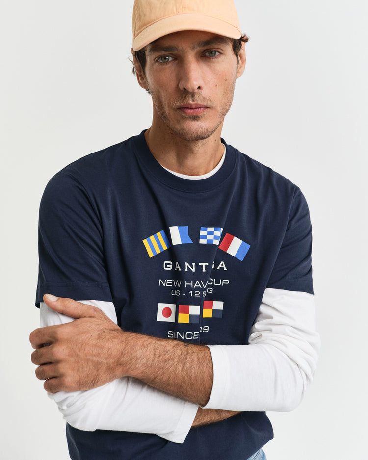 T-shirt męski z nadrukiem okrągły kołnierzyk regular fit granatowy
