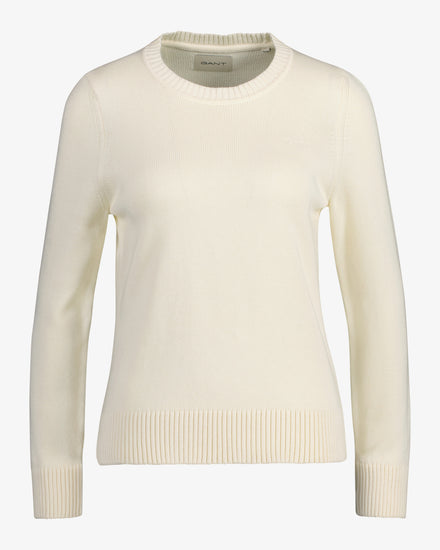 Sweter damski z nadrukiem okrągły kołnierzyk regular fit kremowy