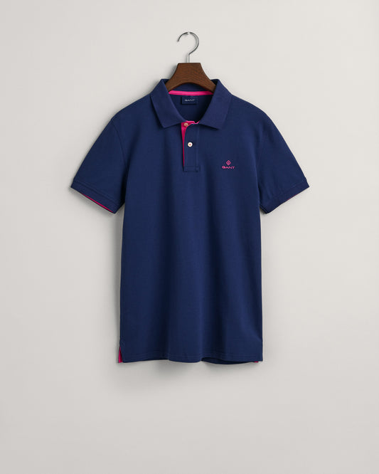 Polo męskie z nadrukiem z krótkim rękawem slim fit granatowe