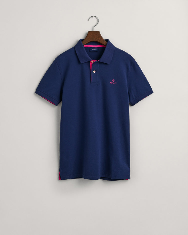 Polo męskie z nadrukiem z krótkim rękawem slim fit granatowe