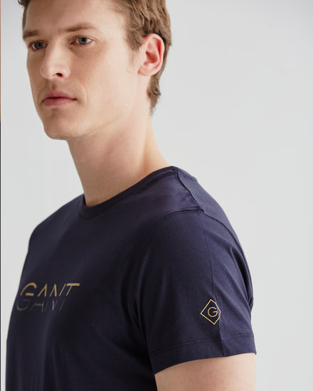 Bawełniany t-shirt męski z nadrukiem regular fit granatowy