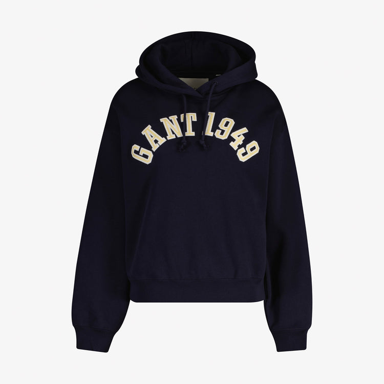 Bawełniana bluza damska z nadrukiem z kapturem loose fit granatowa